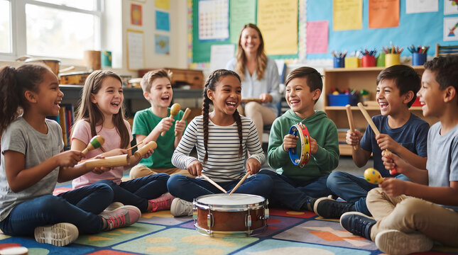 Diverse elementary school children playing percussion instruments like drums and maracas in a bright classroom while laughing with their teacher during a creative music education lesson activity