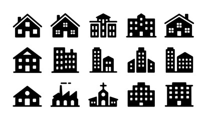 Obraz premium Collection of diverse building icons including houses apartments and factory for urban planning.
