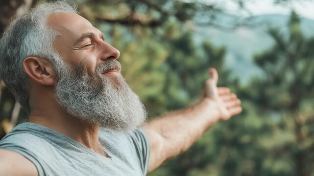 Man embracing the outdoors in a serene setting.