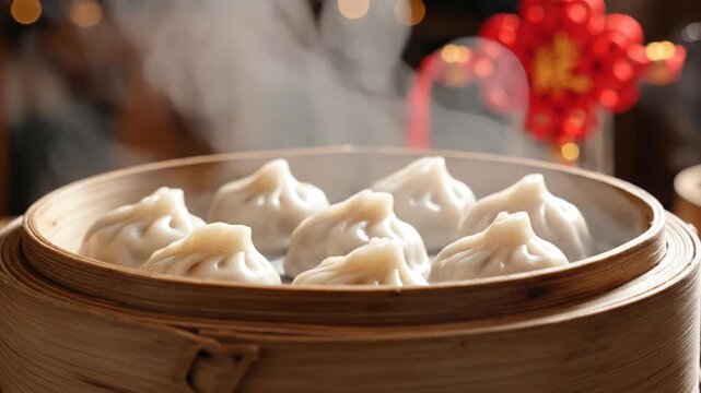 Steaming Chinese dumplings in bamboo steamer with festive background
