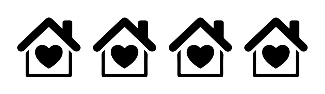 Four home icons with hearts inside symbolize love and belonging for a cozy residence or family concept.