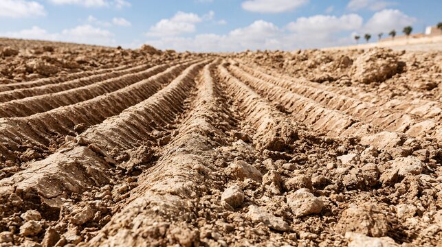 Freshly ploughed, dry agricultural field with distinct furrows under a clear blue sky, hinting at future cultivation and the labor of farming, a symbol of potential growth