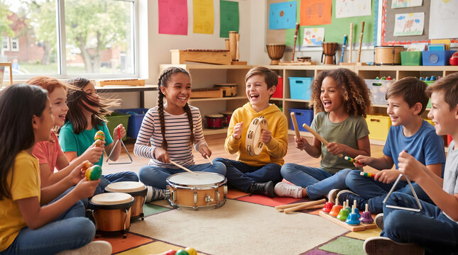 Happy diverse group of elementary school children playing musical instruments together in a bright classroom sitting in a circle on the floor during an engaging creative arts education lesson day