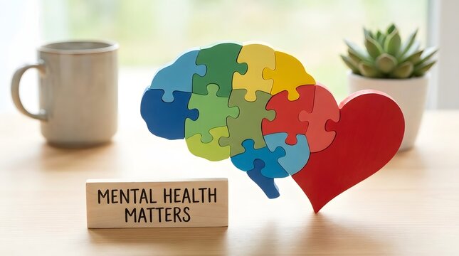 World mental health day mental health matters concept with a brain made of colorful puzzle pieces and a red heart shape on a wooden table