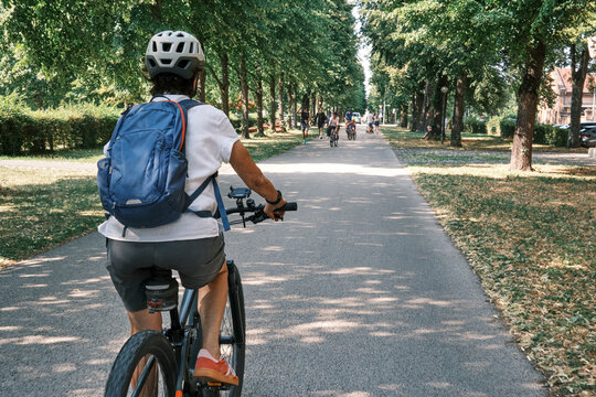 Active woman cycling on a sunny Sunday afternoon along a historic tree-lined avenue in Monrepos Park. Ludwigsburg, Baden-W&uuml;rttemberg, Germany.
