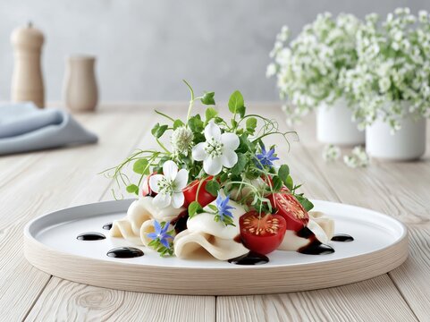 Elegant gourmet pasta dish with cherry tomatoes flowers and basil on stylish white plate in modern kitchen setting with fresh herbs in the background
