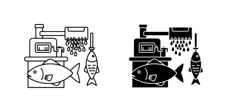 Fish Processing Machine, Seafood Production Line, Industrial Food Manufacturing, Vector Icons