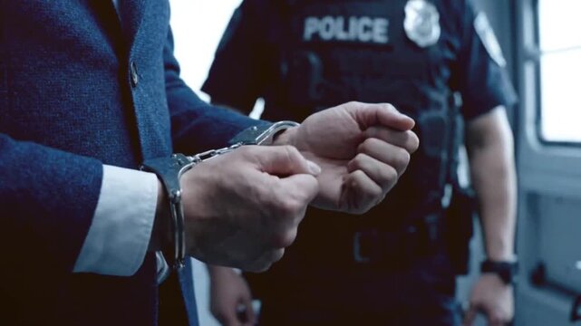 Suspect wearing formal business suit is handcuffed by police officer during arrest at crime scene scene captured in close up cinematic footage for legal story.