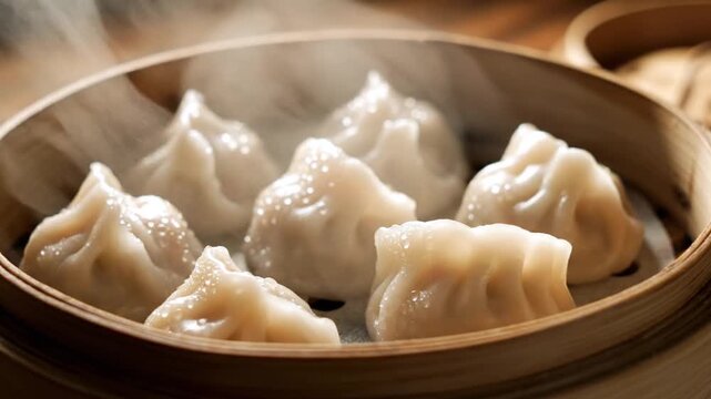 Steaming hot dim sum dumplings in a bamboo steamer basket