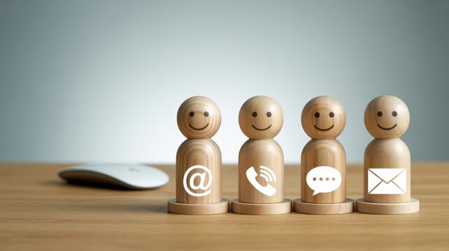 Wooden peg dolls with communication representing customer support and digital contact methods on desk surface