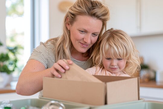 Young Caucasian mother and child sorting household waste in a kitchen, with a cardboard box and various recyclable materials visible on the table