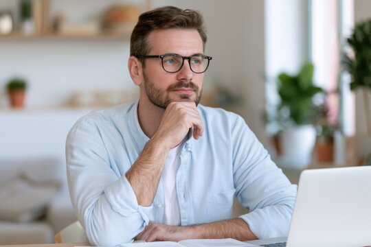Young man in light blue shirt and glasses thoughtfully reviews job applications at a desk with a laptop and indoor plants in a bright, modern workspace