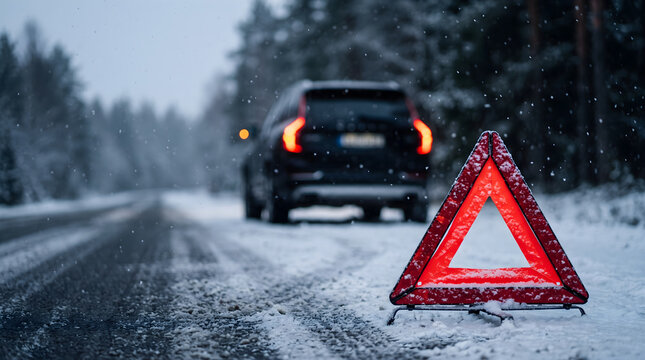 Car stopped on a snowy roadside beside a red emergency warning triangle, winter road safety, vehicle breakdown, roadside assistance, driving hazard, and travel caution.