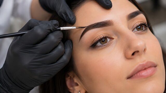 Beautician applying pigment on eyebrow with professional makeup brush tool
