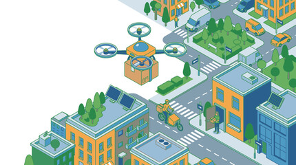 Fototapeta premium Delivery drones carry cardboard package boxes over a modern isometric smart city street with buildings and roads.