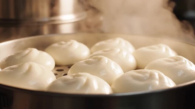 Steaming white baozi buns in metal steamer basket
