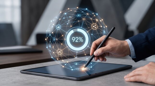 Hand with stylus interacting with holographic sphere showing ninety-two percent, data analysis visualization, performance metrics dashboard, digital statistics report