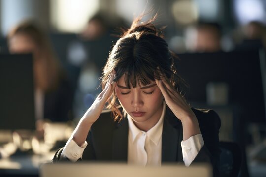 Young Asian businesswoman in a black suit sitting at a desk, holding her head in stress, with blurred colleagues working at computers in the background