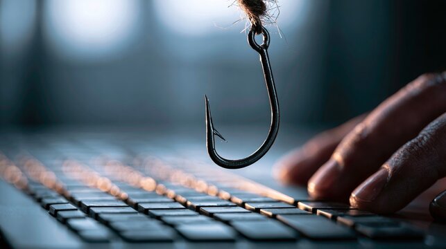 A fish hook suspended above a keyboard with a hand nearby, illustrating concepts of digital threat, security risk, fraud, and online vulnerability in a technology-driven world
