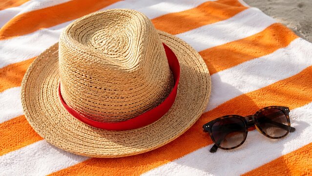 Woven straw hat and sunglasses on orange towel for summer beach vacations