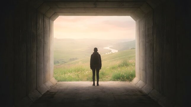 World mental health day a person standing at the exit of a concrete tunnel looking out at a scenic landscape with a winding river at sunset