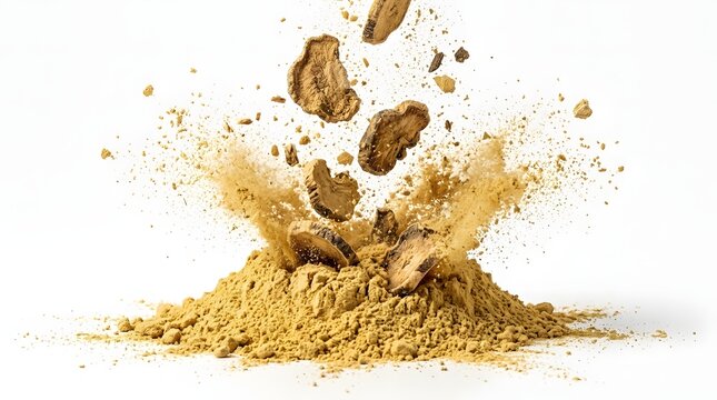 Dried organic root slices falling into a pile of fine brown powder isolated on white for herbal medicine advertising and natural dietary supplements