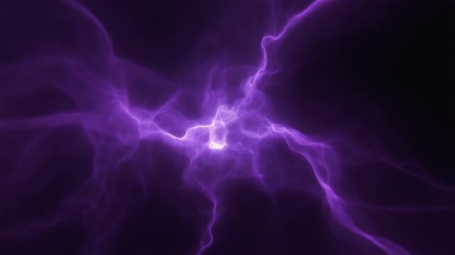 Deep-violet blooms outward from center, with luminous thunder lighting gradually extending and thickening against deep black, creating mesmerizing cosmic energy and cinematic glow.