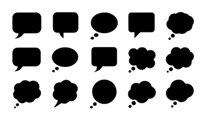 Fototapeta premium Thought bubble icons display black silhouettes of thinking clouds and message boxes for conceptual dialogues.