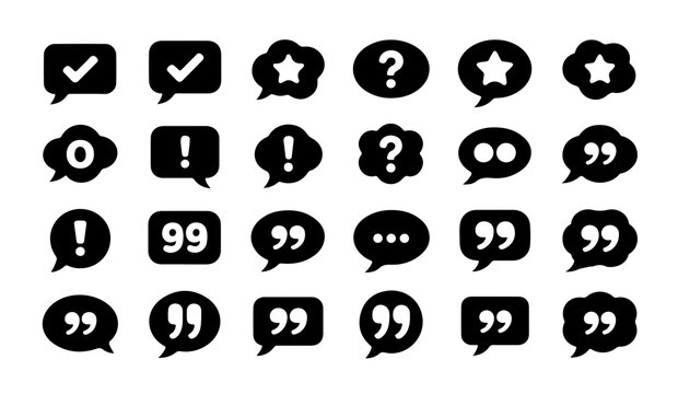 Collection of chat bubble icons featuring various graphic symbols black vector style for web interface design.