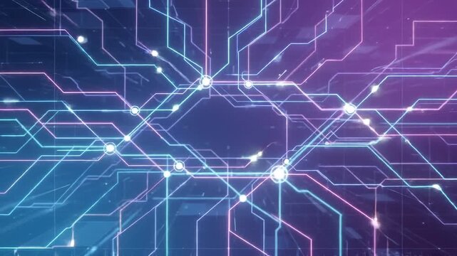 Futuristic digital network with glowing blue and purple circuit lines connecting data nodes across a high-tech abstract background.