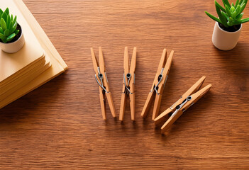 Obraz premium Wooden clothespins and paper stack with a small succulent plant on a rustic wooden desk, office organization and home decor