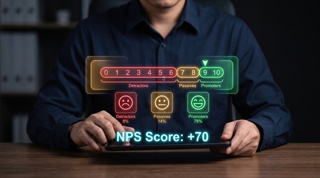 Net Promoter Score customer satisfaction analytics with tablet, glowing NPS scale, detractors passives promoters and positive customer experience dashboard