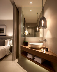 Fototapeta premium Warm Contemporary Bathroom Vanity with Vessel Sink Ambient Lighting and Copy Space