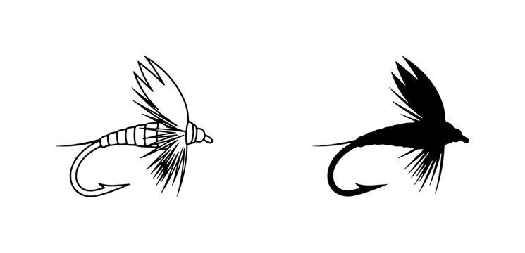 Fly Fishing Lures, Vector Icons: Outline and Silhouette, Angling Bait