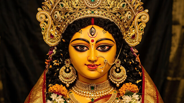 Goddess Durga Idol Yellow Face Wearing Gem Studded Gold Crown and Garlands