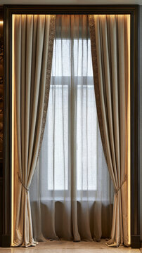 Golden Curtains Framing Tall Window in Dark Elegant Interior with Copy Space