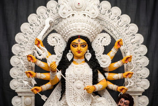 Goddess Durga Idol with White Decorated, Arch Background