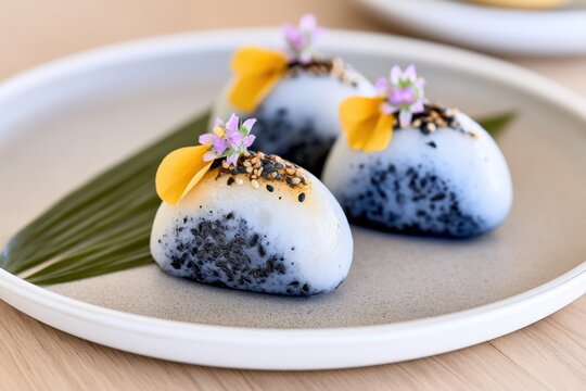 Elegant Korean black sesame rice cakes arranged on a round plate with decorative flowers and leaves, showcasing traditional culinary presentation and artistry
