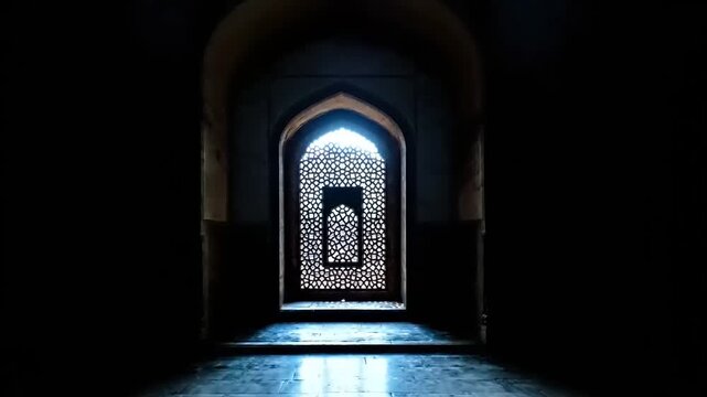 Dark and mysterious arched hallway leading to a lit doorway.