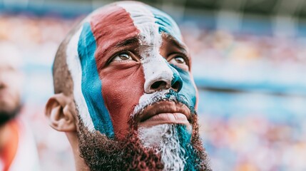 Fototapeta premium Supporter with a beard and face paint in national colors, intently watching the game, expressing patriotism and sports fandom