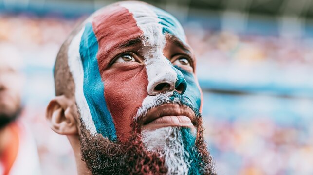 Supporter with a beard and face paint in national colors, intently watching the game, expressing patriotism and sports fandom