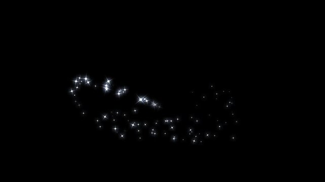 Twinkling star sparkle animation with white glitter trail, magic dust particles, fairy light path, glowing doodle stars, shimmering bokeh, fantasy transition effect on black background, 4k