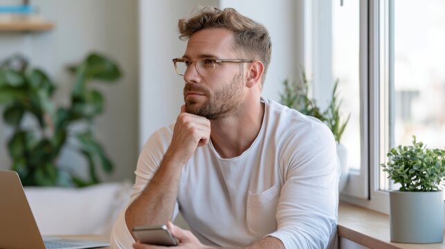 Young man with glasses sitting beside a bright window, holding a smartphone, with a laptop and potted plants visible in a modern indoor setting