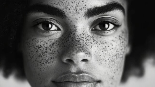 An artistic close-up portrait with an emphasis on the individual's skin texture and freckles. The focus is on the face, showcasing intricate details and patterns.
