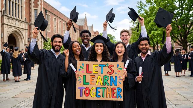 A group of diverse university students celebrating graduation day while holding a colorful sign saying let's learn together outside a historic college campus building under a bright blue sky