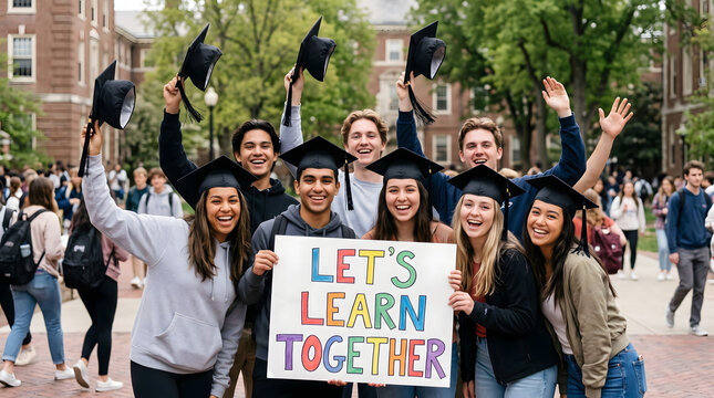 Diverse group of multiracial university students celebrating graduation day on campus while holding a colorful sign saying let us learn together and wearing black mortarboard caps with tassels