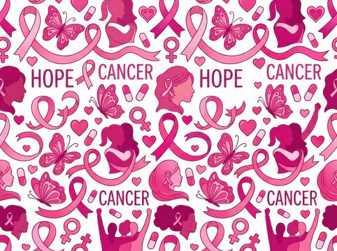 Seamless pattern with breast cancer awareness symbols, butterflies, and women silhouettes isolated on white background