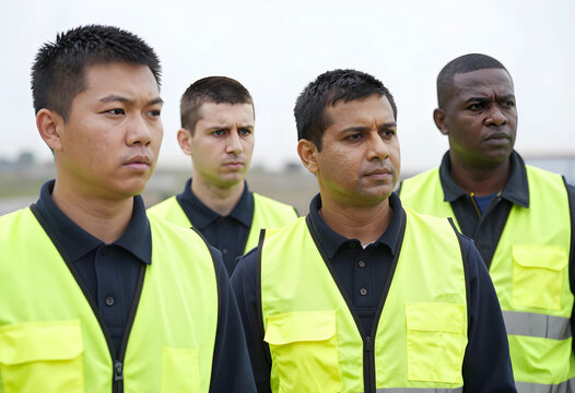 Diverse group of male airport ground crew workers in high visibility vests standing outdoors safety and teamwork, the men appear focused and serious safety teamwork and professional operations