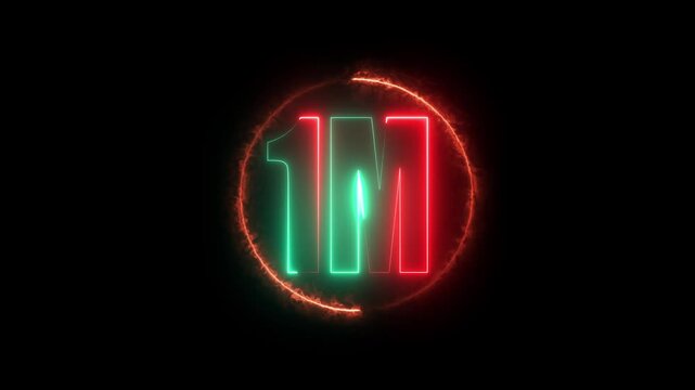 1m one million neon glowing text animation on black background, 1 Million achievement for social media 4K video animation.	