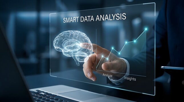 Futuristic digital interface showing brain data analysis with growth charts and holographic medical technology